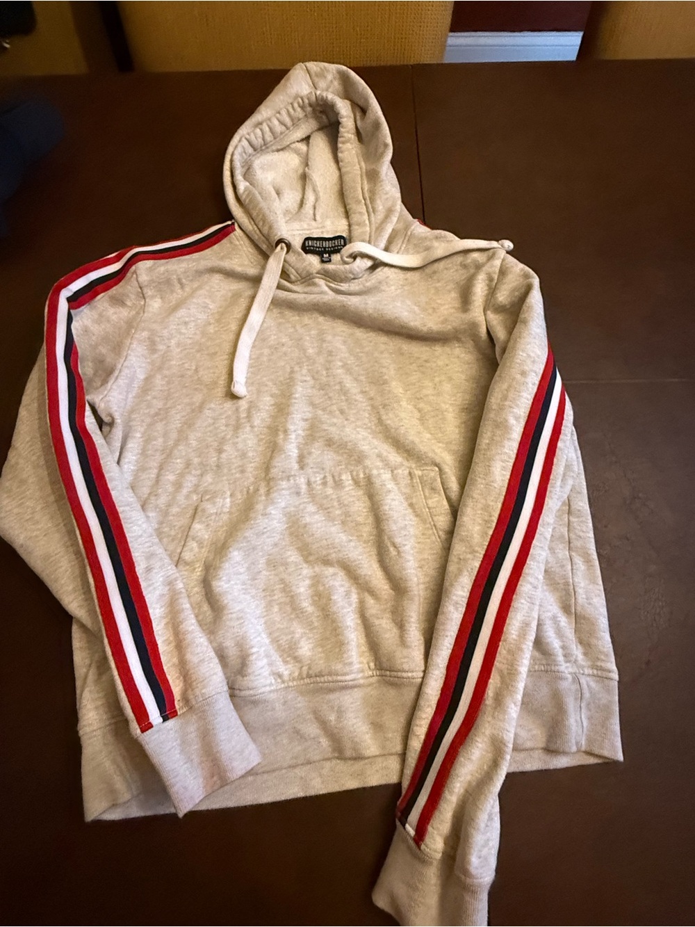 Light Gray Hoodie with Red & Navy Shoulder Stripes